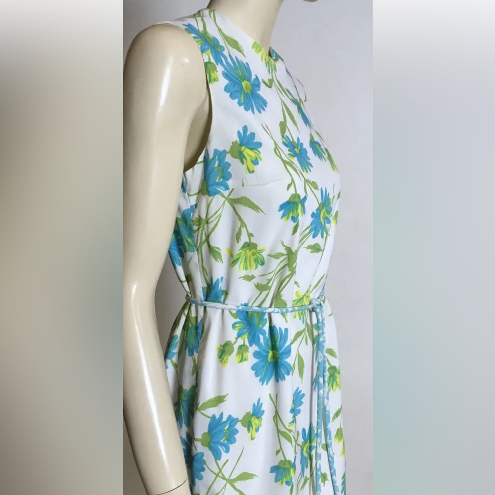 1960s True Vintage Nylon White Blue Yellow Floral MCM Shift Day Dress S/M